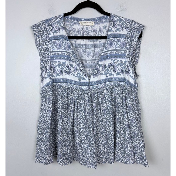 Lucky Brand Printed Flutter Sleeve Top V-Neck Soft Blue Floral Babydoll Small - Picture 3 of 12